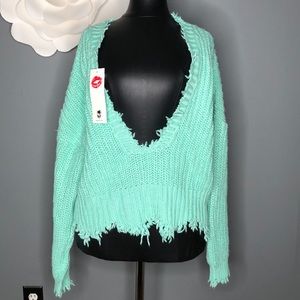 Wildfox Palmetto Aqua Chunky Knit V Neck Sweater